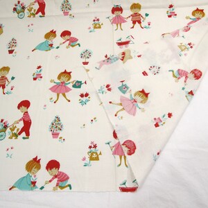 May include: White fabric with a repeating pattern of children playing in a garden. The children are wearing red, blue, and pink clothing. The garden has flowers, trees, and a wheelbarrow.