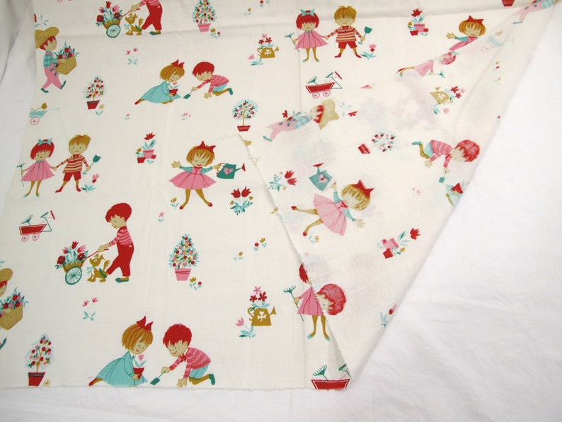 May include: White fabric with a repeating pattern of children playing in a garden. The children are wearing red, blue, and pink clothing. The garden has flowers, trees, and a wheelbarrow.