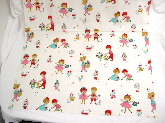 Vintage Fabric Garden Theme~~Novelty Fabric~~~3 7/8 Yards~~~Narrow Width 35 1/2"~~~1960's-1970's Fabric~~Nursery Fabric~~~Item #477