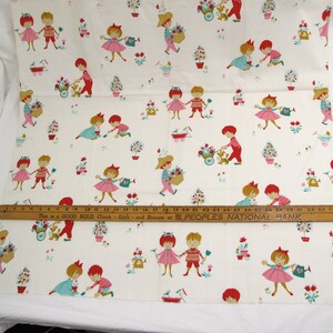 May include: White fabric with a repeating pattern of children in various activities. The children are wearing red, blue, and green clothing and are holding gardening tools, flowers, and a wagon. The fabric has a vintage feel and would be perfect for a child's room or a craft project.