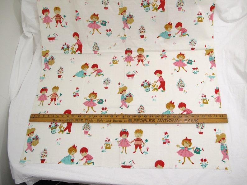May include: White fabric with a repeating pattern of children in various activities. The children are wearing red, blue, and green clothing and are holding gardening tools, flowers, and a wagon. The fabric has a vintage feel and would be perfect for a child's room or a craft project.
