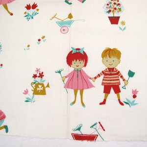 May include: A white fabric with a repeating pattern of children playing in a garden. The children are wearing red, pink, and blue clothing. The garden has flowers, trees, and a wheelbarrow.