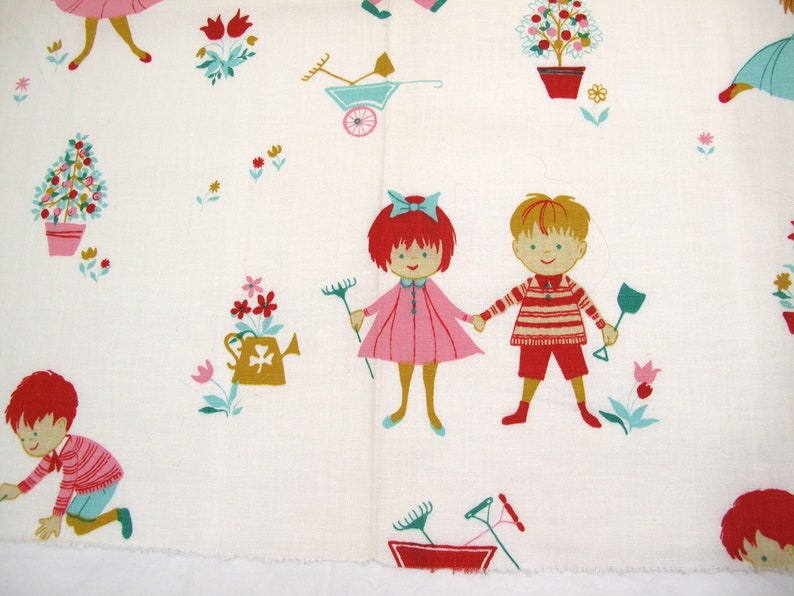 May include: A white fabric with a repeating pattern of children playing in a garden. The children are wearing red, pink, and blue clothing. The garden has flowers, trees, and a wheelbarrow.