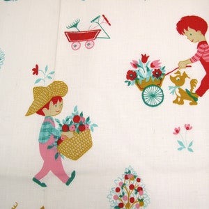May include: A white fabric with a repeating pattern of children playing in a garden. The pattern features a red wagon, a girl with a basket of apples, a boy pulling a wagon with flowers, and a dog. The fabric is perfect for quilting, crafts, and home decor.