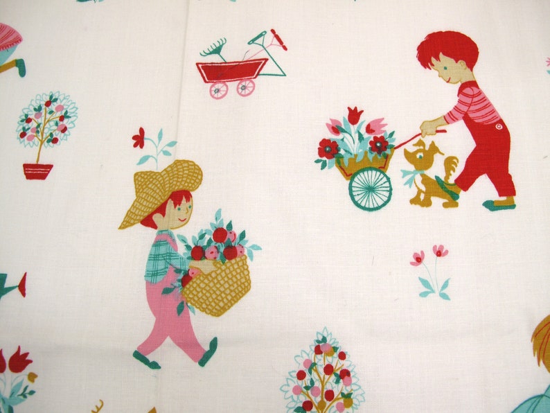 May include: A white fabric with a repeating pattern of children playing in a garden. The pattern features a red wagon, a girl with a basket of apples, a boy pulling a wagon with flowers, and a dog. The fabric is perfect for quilting, crafts, and home decor.