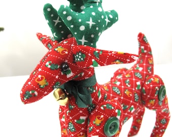 Christmas Reindeer~~Crosshatch Toys on Red Fabric Reindeer Decor~~Handcrafted Christmas Reindeer~~Fabric Soft Body Reindeer~~Christmas Decor
