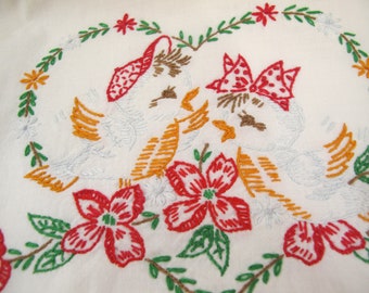 Pair of Embroidered Lovebird Pillowcases~~Embroidered Pillowcases~~Upcycle Pillowcases~~Embroidered Linens~~Vintage Pillowcases~~Item #536