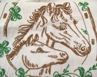 Embroidered Horses Table Runner~~Embroidered Horseshoe and Shamrocks~~Luck of the Irish~~Embroidered Table Scarf~~Vogart Linens~~Item #535