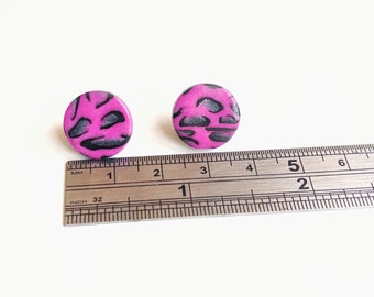 Pink Cheetah Print Earrings. Circle Shaped Earrings. Studs. Polymer Clay Earrings. Ready to ship