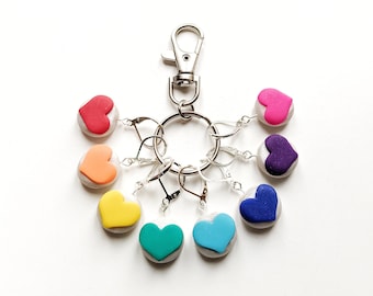 Set of 8 Rainbow Heart Stitch Markers. Rainbow Keyring. Universal for knitting and crochet. Rainbow. Pearl. White. Ready to ship