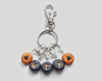 Set of 5 Black and Gold 'WTF' Stitch Markers. Universal for knitting and crochet.  Gold. Black.  Ready to ship