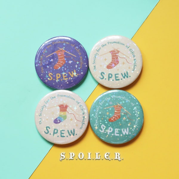 S.P.E.W. Society for the Promotion of Elvish Welfare badge/button pin, free elves, magical sparkling holographic star
