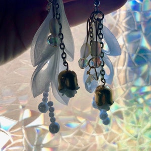Delicate White Dangle Earrings Crystal Hearts Gold Bell Roses