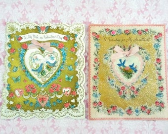 Vintage 2 Valentines Day Cards with Bluebirds Blue Birds Pink Flowers Gold Wife Sweetheart