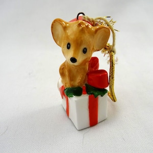 Vintage Gifting Mouse Christmas Ornament Porcelain Enesco