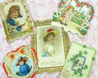 Vintage 5 Valentines Day Cards Hearts Girls