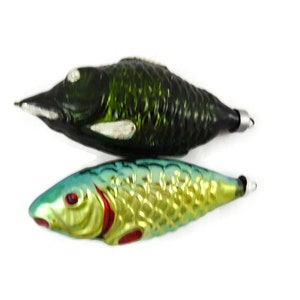 Vintage 2 Figural Fish Christmas Ornaments Glass Green Black