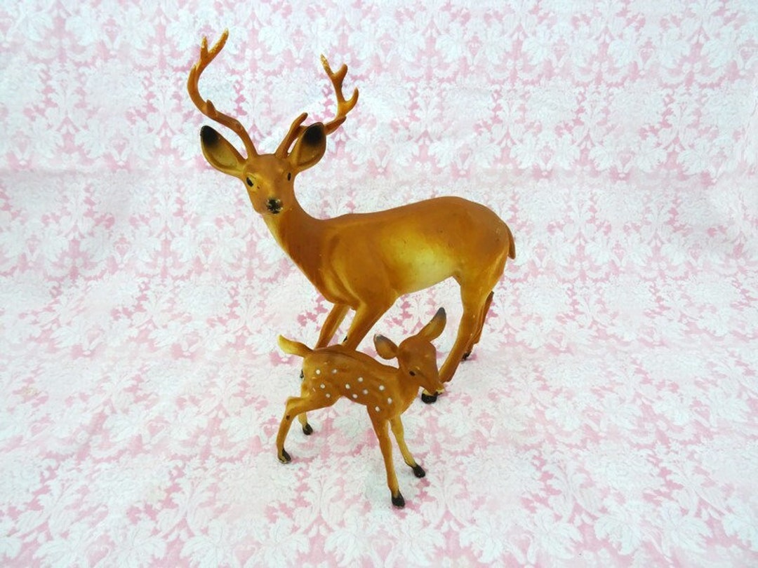 Vintage 2 Plastic Reindeer Figurine Reindeer and Fawn Brown Etsy
