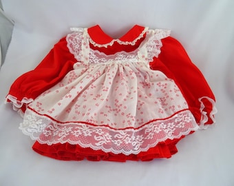 Vintage Dress & Pinafore Apron Girls Sz 12 Months Bryan Red White Lace Ruffles Prarie