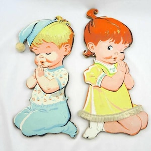 Vintage Praying Boy and Girl Wall Hanging Nursery Decor Kitschy Cute Wooden As Is Read for Condition