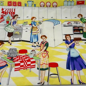 Vintage 2 Valences Home Ec by Michael Miller Fabric Retro Kitchen Housewife Mid Century 41 1/2&quot; x 11 1/2&quot;