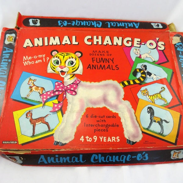 Vintage Animal Change-o's Funny Animal Puzzles 1956 Lamb Dog Tiger Donkey Deer Cow Game Die Cut Cards