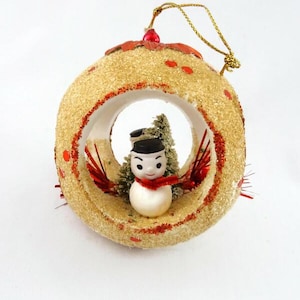 Vintage Snowman Diorama Christmas Ornament Styrofoam Red Sequins Bottle Brush Tree