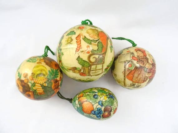 Vintage Decoupage Christmas Ornaments Lot of 4 Old Fashioned Kids Fruit Reflections Barry Patch 1977
