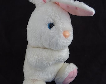 Vintage White & Pink Baby Bunny Rabbit Plush Stuffed Animal Sitting 10" Toy Easter Bunny