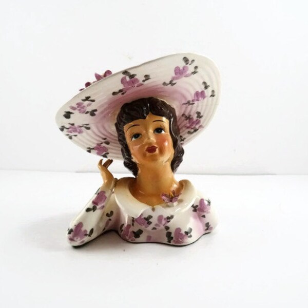 Vintage Lefton Head Vase 1343A Purple Flowers Planter Vintage Brunette Girl Head Vase Vintage Lady Head Vase Purple Hat