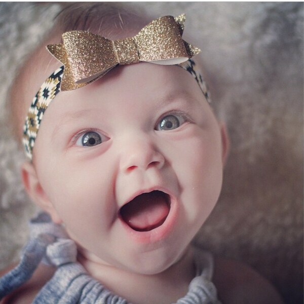 Gold Headband- Gold Bow on Black Aztec- Newborn headband- Baby Girl Headband- Spring Headband- Birthday Headband