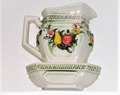 Vintage Mid Century Ceramic Fruit Flowers Pitcher Wall Pocket Vase