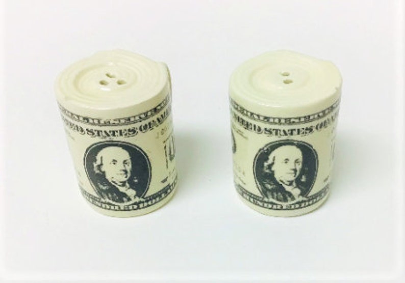 Vintage Pair of 100 Dollar Bills Ceramic Salt /& Pepper Shakers Collectibles