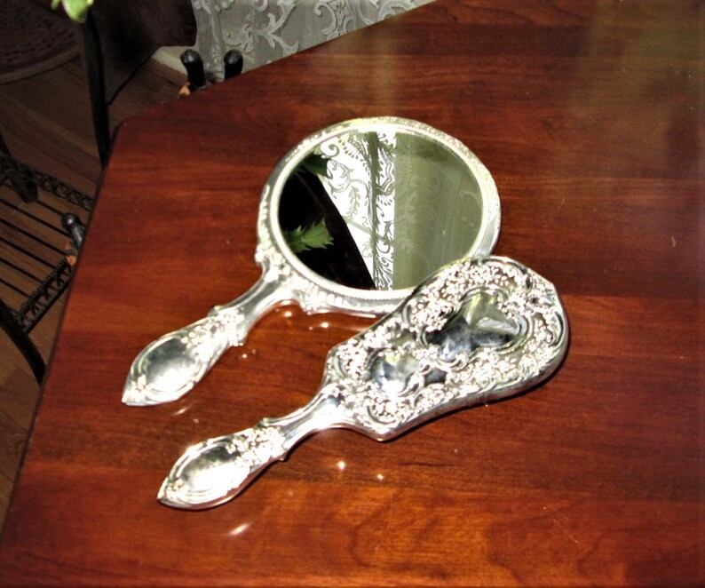 Antique Silver Plated Vanity Mirror And Brush Set International Company Victorian