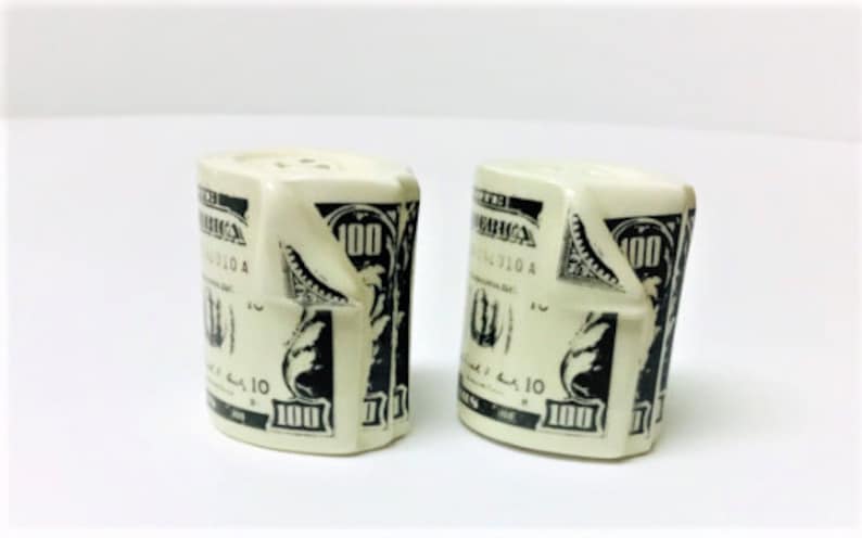 Vintage Pair of 100 Dollar Bills Ceramic Salt /& Pepper Shakers Collectibles