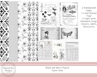Black & White Planner Ephemera Junk Journal Paper Pack (Digital Download)