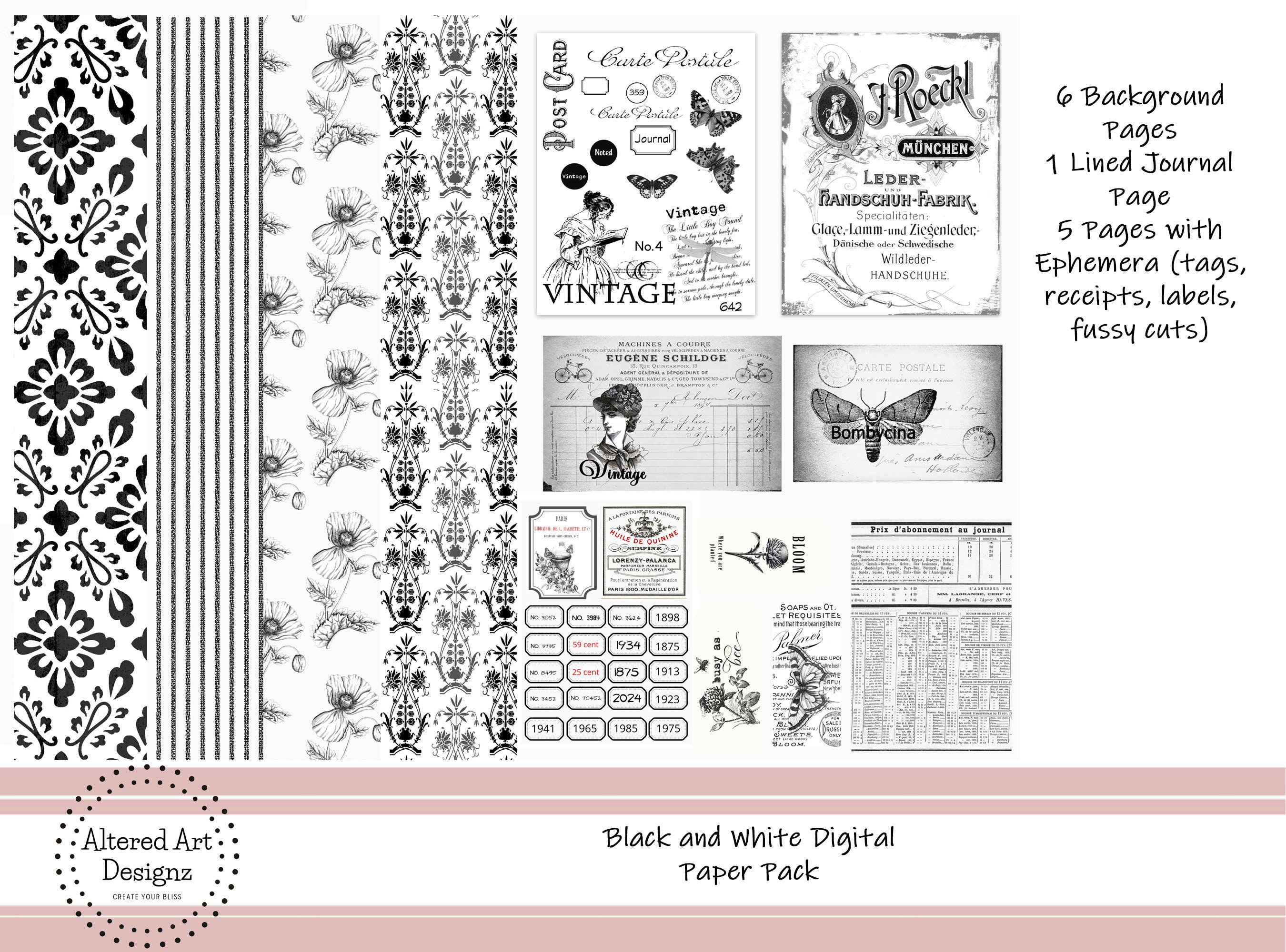 Black and White Ephemera Digital Paper Pack for Junk and Art Journals ...