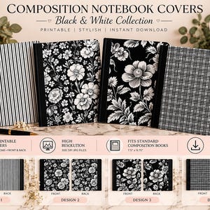 Puede incluir: Cuatro portadas de cuaderno de composición imprimibles en una colección en blanco y negro. Los diseños incluyen rayas verticales, patrones florales pequeños, motivos florales grandes y un patrón de cuadrícula. El texto dice COMPOSITION NOTEBOOK COVERS.
