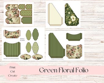 Green Floral Folio, Mix-and-Match Elements – Customizable, Handcrafted Junk Journal Insert Folio, Ephemera for Journals, Fussycut