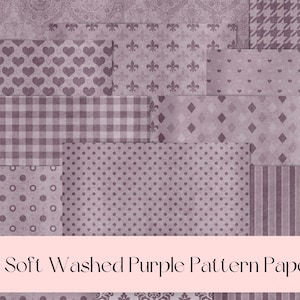 May include: A set of ten digital paper patterns in soft purple hues. The patterns include hearts, gingham, polka dots, diamonds, fleur-de-lis, and houndstooth.