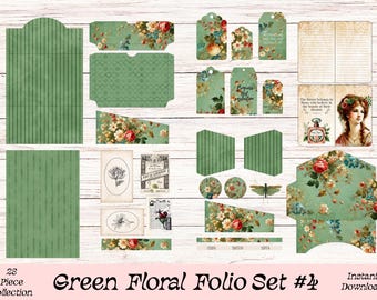 Green Floral Junk Journal Folio: Printable Ephemera Insert