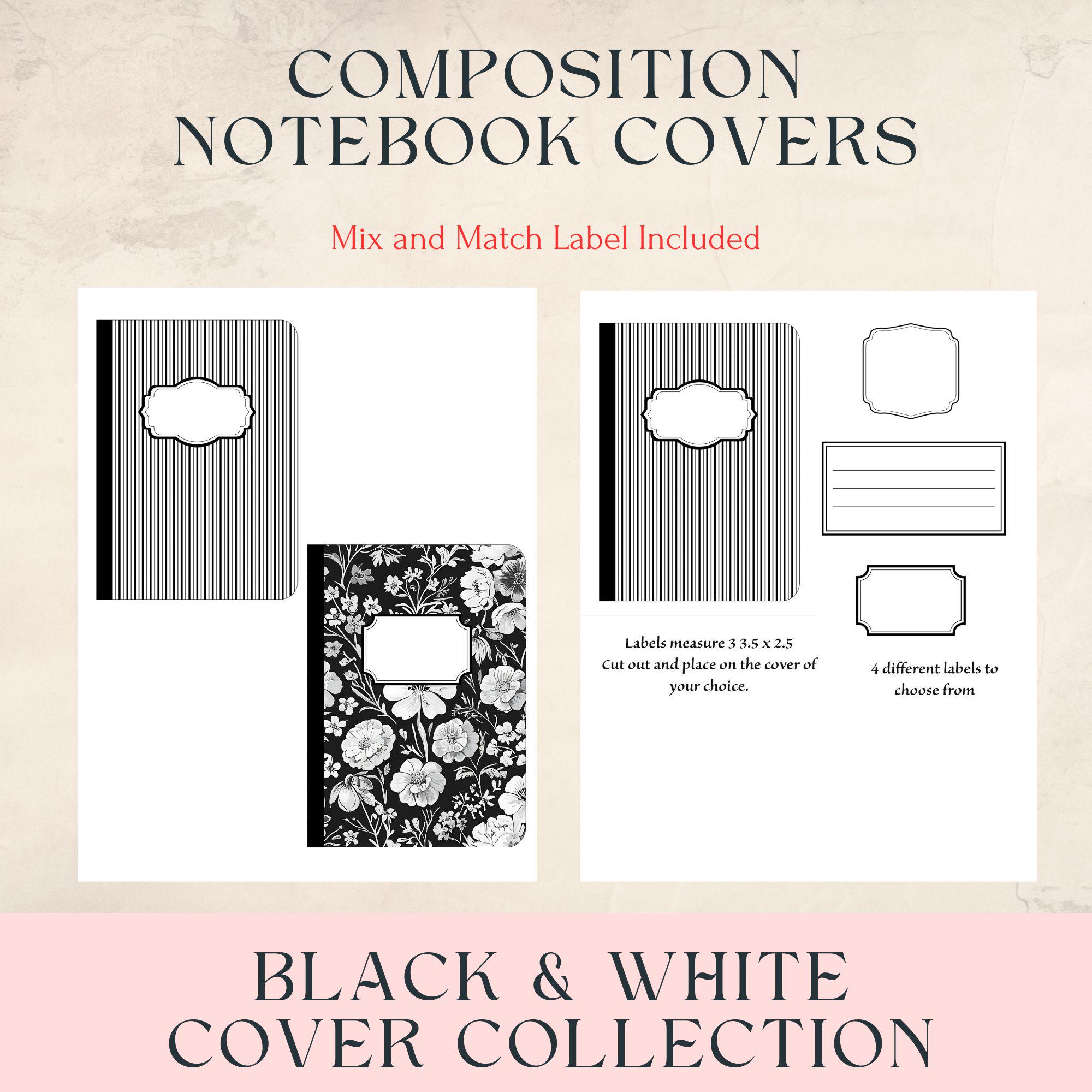 Printable Composition Notebook Cover Collection, Black & White Decor ...