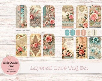 Printable Lace Tags for Junk Journals, Scrapbooks, Layered Look Junk Journal Insert, Collage Sheet
