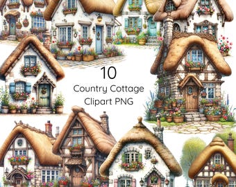 Whimsical Country Cottage Clip art, Fairy Tale Houses PNG, Cottagecore Storybook Village Illustrations
