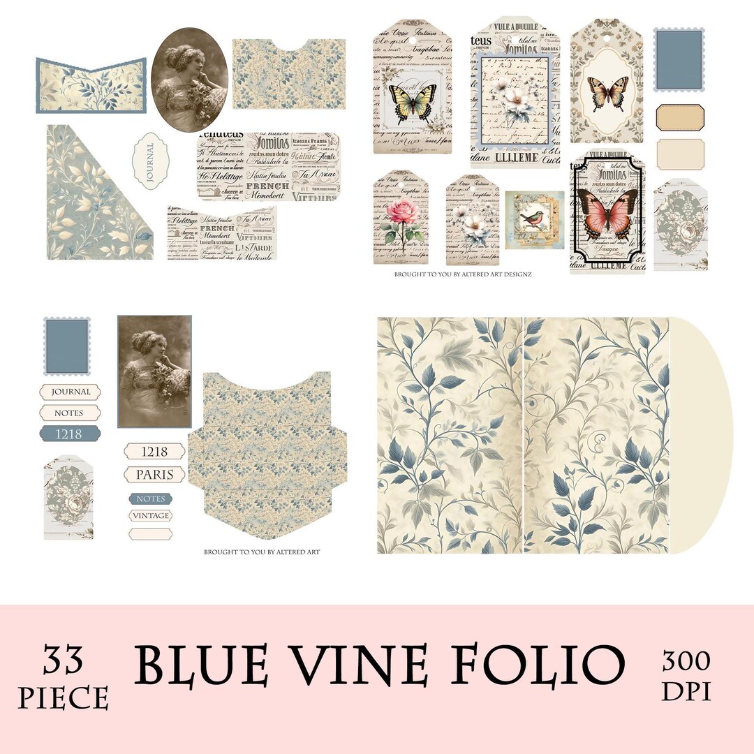 Blue Vine Junk Journal Folio Kit: Vintage Printable Ephemera (digital ...