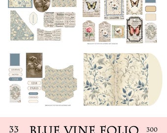 Blue Vine Junk Journal Folio Kit: Vintage Printable Ephemera (Digital Download)