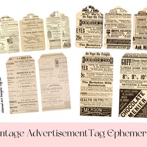 Werbung Tag Set, Vintage Stil druckbares Junk Journal Tag Set, digitale Ephemera für Papier Basteln & Scrapbooking