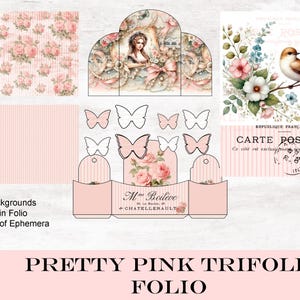 Pretty Pink Vintage Tri-Fold Folio for Paper Crafting, Junk Journal Insert, Paper Collage, Junk Journal Ephemera