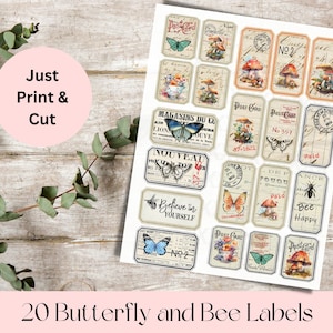 20 Butterfly and Bee Ephemera Labels for Junk and Art Journaling