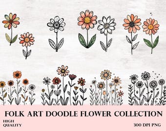 Folk Art Flower Clipart, Hand Drawn Doodle, Scandinavian Floral (PNG Set)